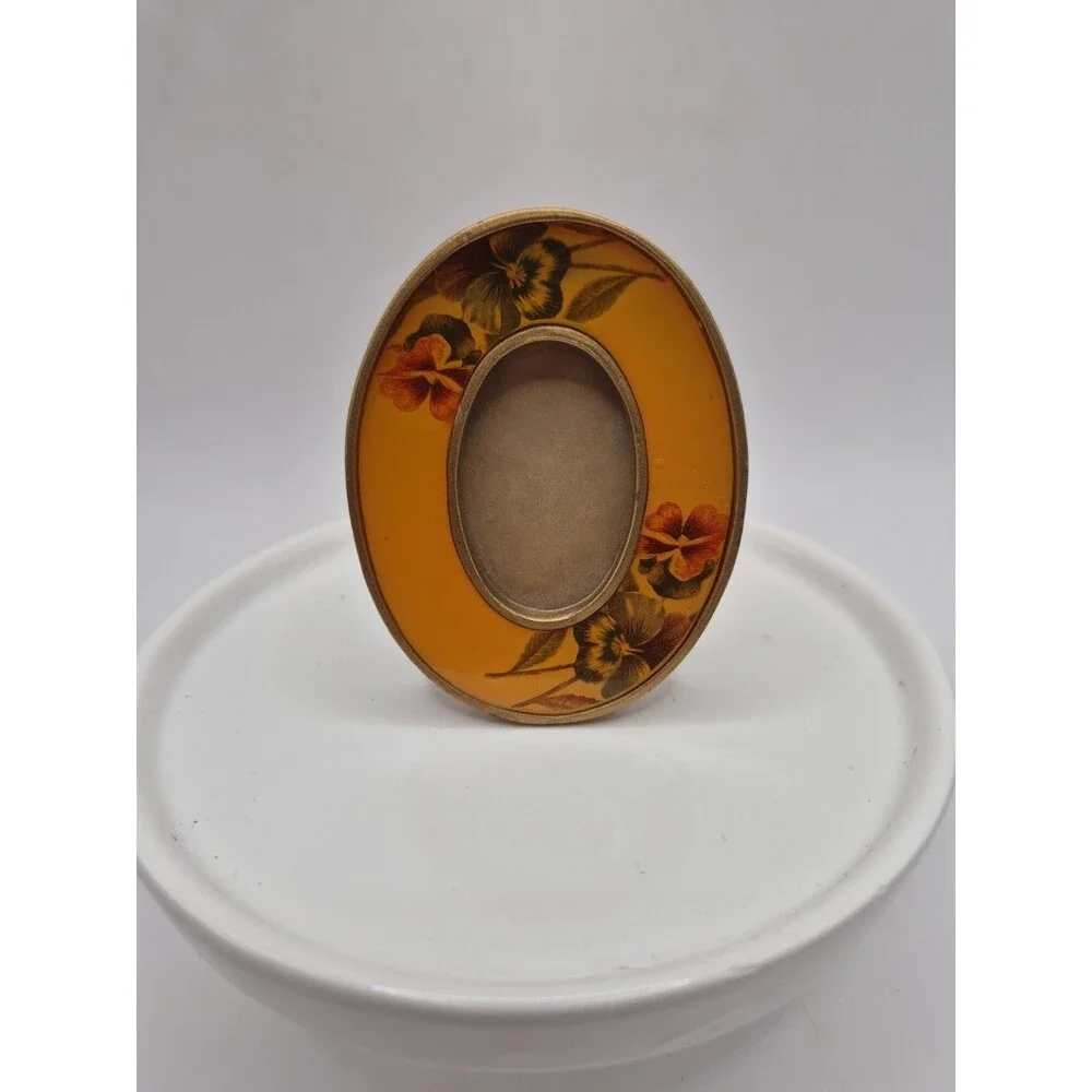 Vintage The Bucklers Inc Miniature Oval Frame Yellow Enamel Florals 3